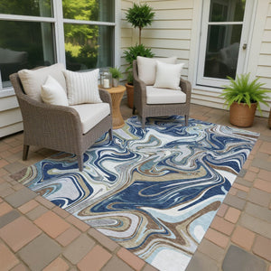 HomeRoots 10' Navy Blue, Ivory & Gold Abstract Washable Area Rug – Durable Indoor/Outdoor Design for Any Space 690314