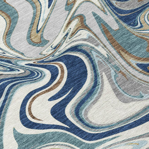 HomeRoots 10' Navy Blue, Ivory & Gold Abstract Washable Area Rug – Durable Indoor/Outdoor Design for Any Space 690314
