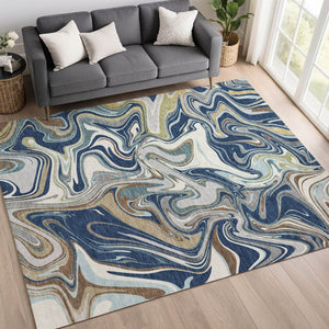 HomeRoots 10' Navy Blue, Ivory & Gold Abstract Washable Area Rug – Durable Indoor/Outdoor Design for Any Space 690314