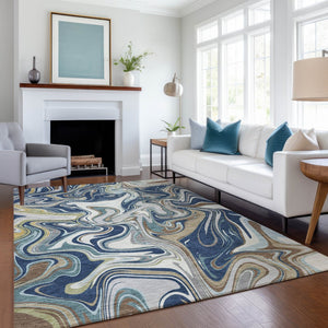 HomeRoots 10' Navy Blue, Ivory & Gold Abstract Washable Area Rug – Durable Indoor/Outdoor Design for Any Space 690314
