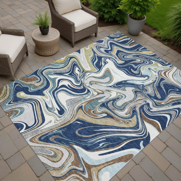 HomeRoots 10' Navy Blue, Ivory & Gold Abstract Washable Area Rug – Durable Indoor/Outdoor Design for Any Space 690314