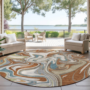 HomeRoots 8' Round Abstract Area Rug in Rust, Ivory & Gray - Washable, Durable for Indoor & Outdoor Use 690317