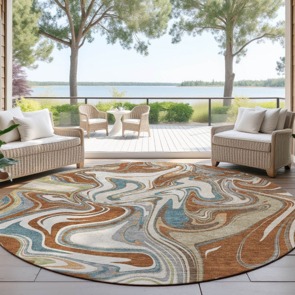 HomeRoots 8' Round Abstract Area Rug in Rust, Ivory & Gray - Washable, Durable for Indoor & Outdoor Use 690317