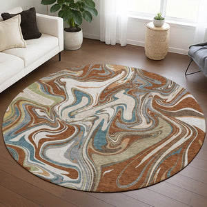 HomeRoots 8' Round Abstract Area Rug in Rust, Ivory & Gray - Washable, Durable for Indoor & Outdoor Use 690317