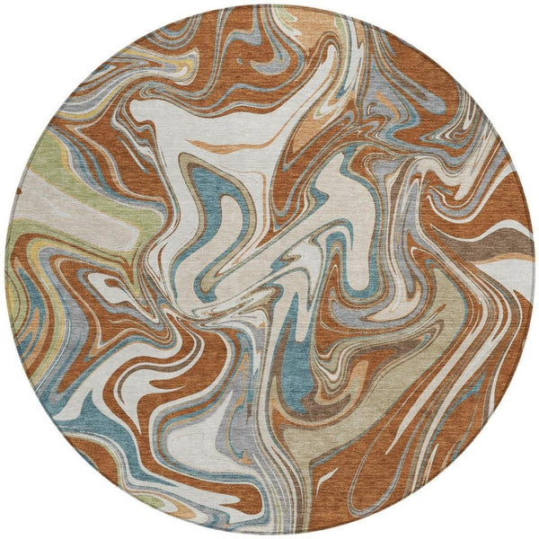 HomeRoots 8' Round Abstract Area Rug in Rust, Ivory & Gray - Washable, Durable for Indoor & Outdoor Use 690317