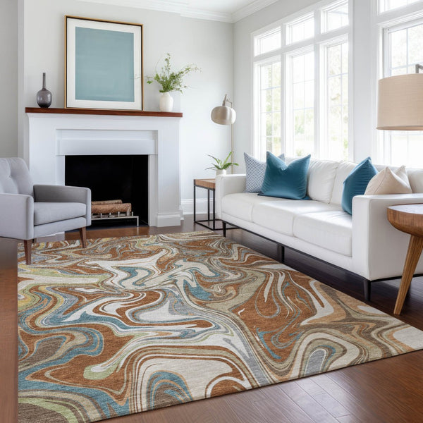 HomeRoots 9' x 12' Stylish Rust, Ivory & Gray Abstract Washable Area Rug for Indoor & Outdoor Spaces 690319