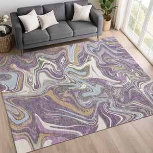 HomeRoots 5' X 8' Abstract Washable Area Rug in Purple, Ivory & Gold - Perfect for Indoor & Outdoor Spaces! 690322