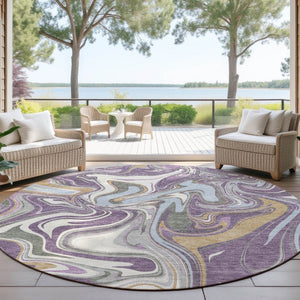 HomeRoots 8' Stunning Purple, Ivory & Gold Round Abstract Area Rug – Durable, Washable for Indoor & Outdoor Use 690323
