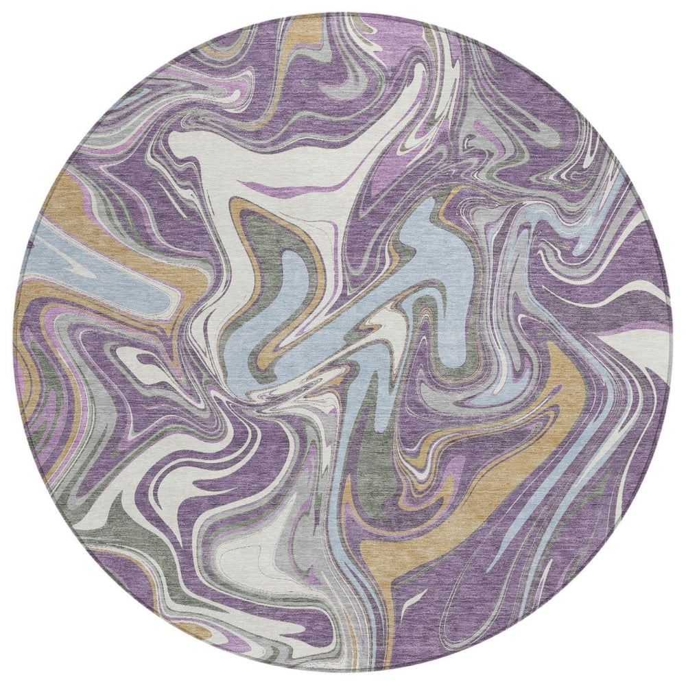 HomeRoots 8' Stunning Purple, Ivory & Gold Round Abstract Area Rug – Durable, Washable for Indoor & Outdoor Use 690323