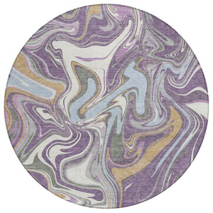 HomeRoots 8' Stunning Purple, Ivory & Gold Round Abstract Area Rug – Durable, Washable for Indoor & Outdoor Use 690323