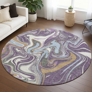HomeRoots 8' Stunning Purple, Ivory & Gold Round Abstract Area Rug – Durable, Washable for Indoor & Outdoor Use 690323