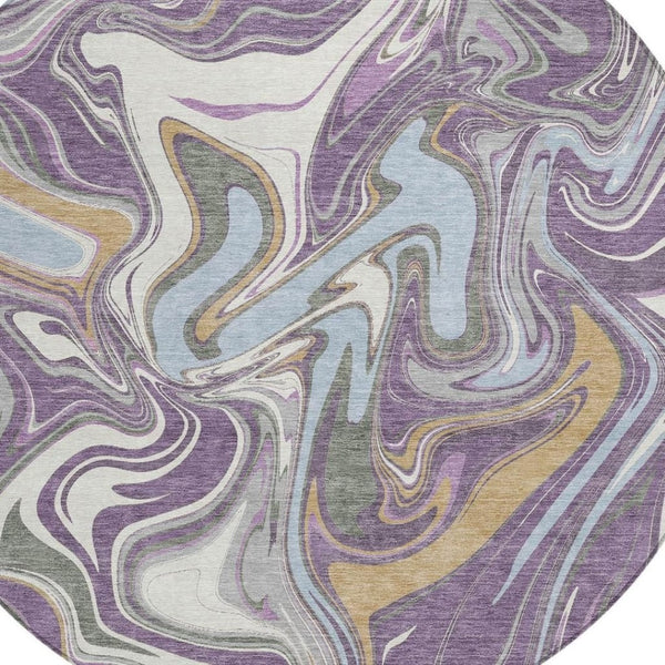 HomeRoots 8' Stunning Purple, Ivory & Gold Round Abstract Area Rug – Durable, Washable for Indoor & Outdoor Use 690323
