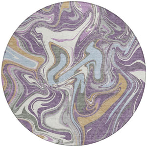 HomeRoots 8' Stunning Purple, Ivory & Gold Round Abstract Area Rug – Durable, Washable for Indoor & Outdoor Use 690323