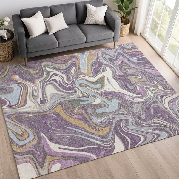 HomeRoots 9' X 12' Stylish Purple, Ivory & Gold Abstract Rug - Washable, Durable for Indoor & Outdoor Spaces 690325