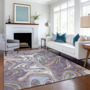 HomeRoots 9' X 12' Stylish Purple, Ivory & Gold Abstract Rug - Washable, Durable for Indoor & Outdoor Spaces 690325