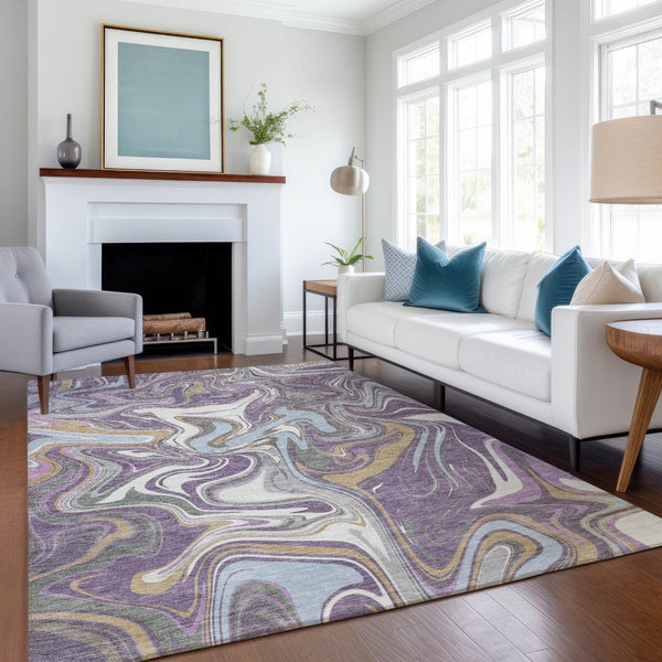 HomeRoots 9' X 12' Stylish Purple, Ivory & Gold Abstract Rug - Washable, Durable for Indoor & Outdoor Spaces 690325