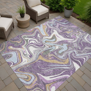HomeRoots 9' X 12' Stylish Purple, Ivory & Gold Abstract Rug - Washable, Durable for Indoor & Outdoor Spaces 690325