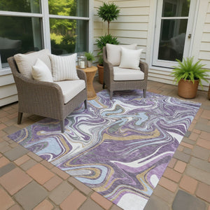 HomeRoots 10' Modern Purple, Ivory & Gold Abstract Washable Area Rug for Indoor/Outdoor Use – Durable Design! 690326