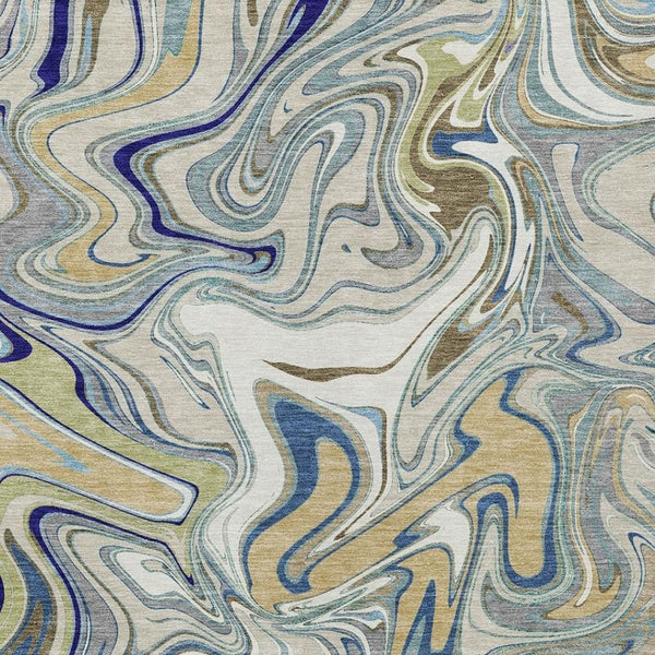HomeRoots 5' Stylish Beige Blue Ivory Abstract Washable Area Rug for Indoor & Outdoor Spaces - Durable & Easy Care 690328