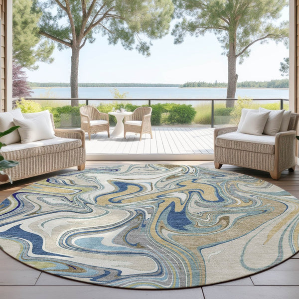 HomeRoots 8' Round Abstract Indoor Outdoor Rug in Beige, Blue & Ivory – Durable, Washable & Stylish Design 690329