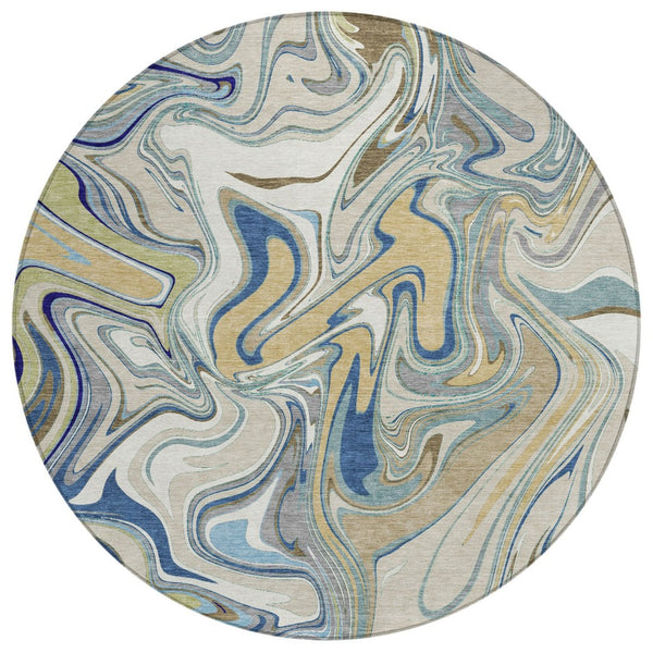 HomeRoots 8' Round Abstract Indoor Outdoor Rug in Beige, Blue & Ivory – Durable, Washable & Stylish Design 690329