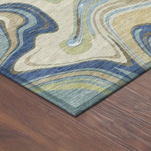 HomeRoots 8' Round Abstract Indoor Outdoor Rug in Beige, Blue & Ivory – Durable, Washable & Stylish Design 690329