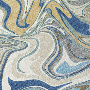 HomeRoots 8' Round Abstract Indoor Outdoor Rug in Beige, Blue & Ivory – Durable, Washable & Stylish Design 690329