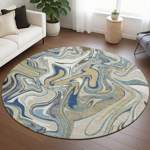 HomeRoots 8' Round Abstract Indoor Outdoor Rug in Beige, Blue & Ivory – Durable, Washable & Stylish Design 690329