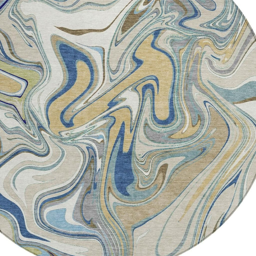 HomeRoots 8' Round Abstract Indoor Outdoor Rug in Beige, Blue & Ivory – Durable, Washable & Stylish Design 690329
