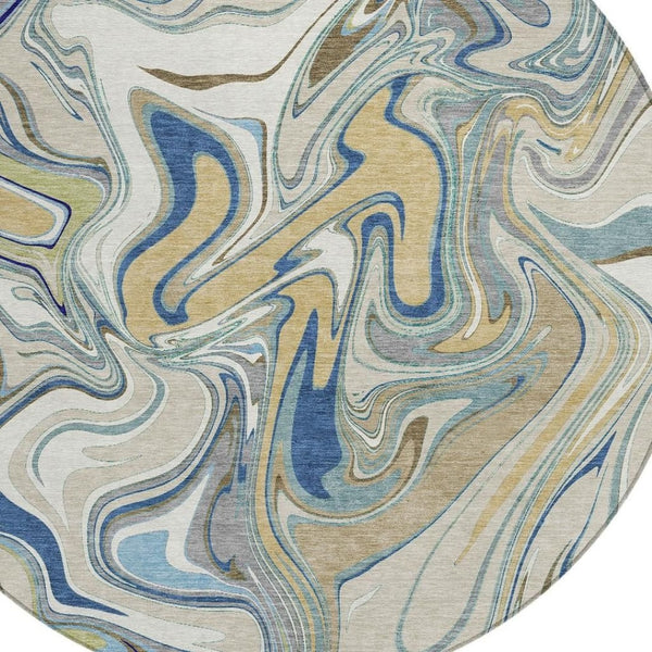 HomeRoots 8' Round Abstract Indoor Outdoor Rug in Beige, Blue & Ivory – Durable, Washable & Stylish Design 690329