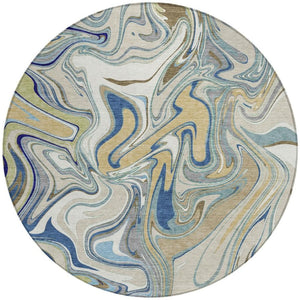 HomeRoots 8' Round Abstract Indoor Outdoor Rug in Beige, Blue & Ivory – Durable, Washable & Stylish Design 690329