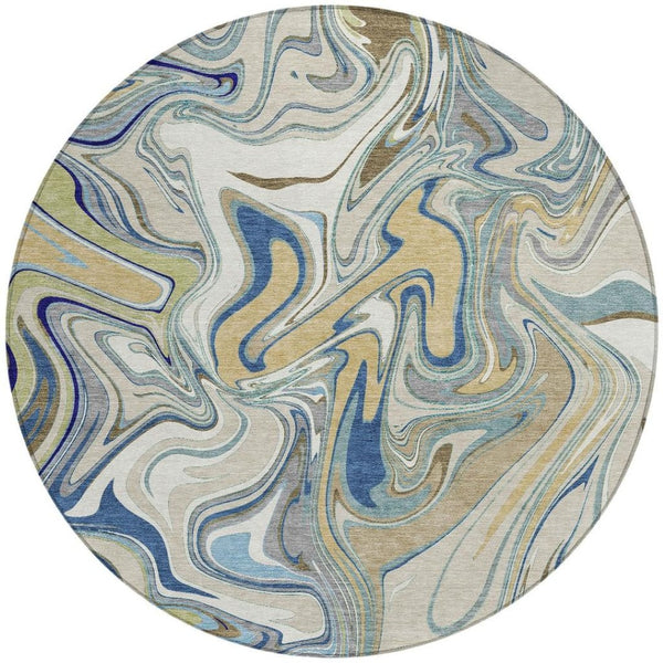 HomeRoots 8' Round Abstract Indoor Outdoor Rug in Beige, Blue & Ivory – Durable, Washable & Stylish Design 690329