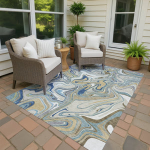 HomeRoots 9' X 12' Washable Abstract Area Rug in Beige, Blue & Ivory - Stylish Indoor/Outdoor Decor Solution 690331