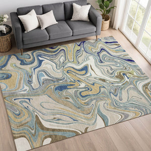 HomeRoots 10' Contemporary Beige, Blue & Ivory Abstract Area Rug - Washable for Indoor & Outdoor Spaces 690332