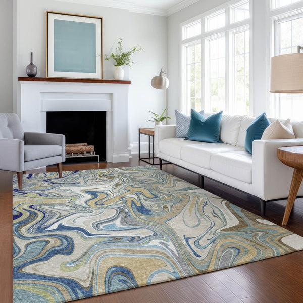HomeRoots 10' Contemporary Beige, Blue & Ivory Abstract Area Rug - Washable for Indoor & Outdoor Spaces 690332