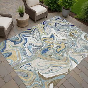 HomeRoots 10' Contemporary Beige, Blue & Ivory Abstract Area Rug - Washable for Indoor & Outdoor Spaces 690332