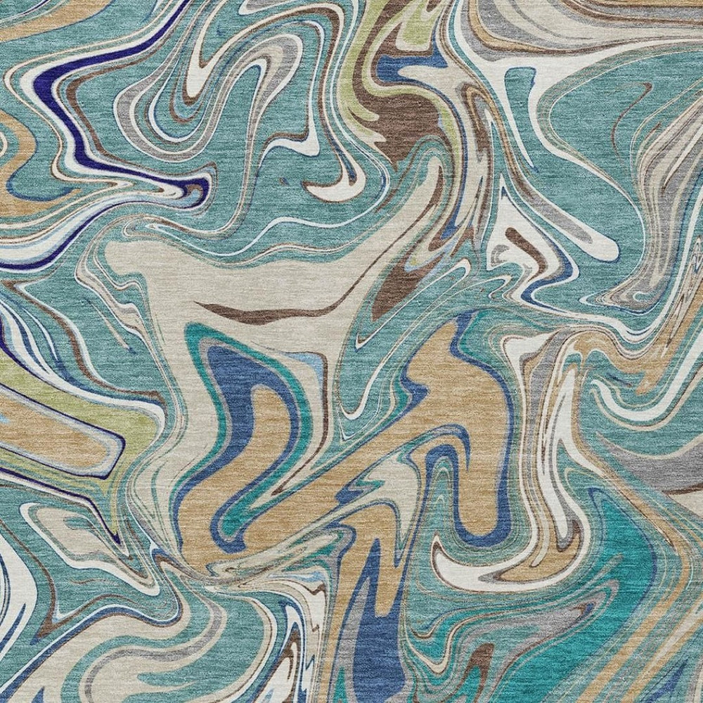 HomeRoots 5' X 8' Teal Blue Gold Ivory Abstract Washable Area Rug - Stylish, Durable, Indoor & Outdoor Use! 690334