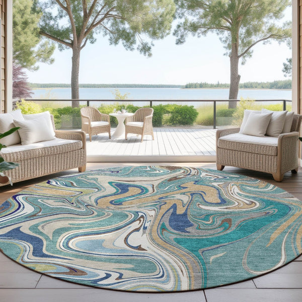 HomeRoots 8' Teal Blue Gold Abstract Round Washable Rug - Stylish Indoor/Outdoor, Stain-Resistant, Easy Care! 690335
