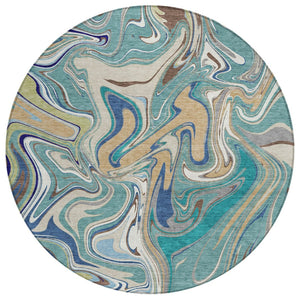 HomeRoots 8' Teal Blue Gold Abstract Round Washable Rug - Stylish Indoor/Outdoor, Stain-Resistant, Easy Care! 690335