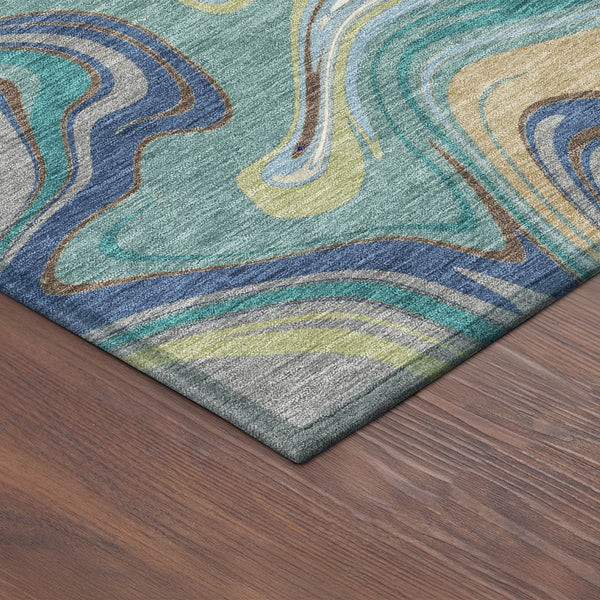 HomeRoots 8' Teal Blue Gold Abstract Round Washable Rug - Stylish Indoor/Outdoor, Stain-Resistant, Easy Care! 690335