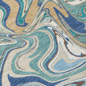HomeRoots 8' Teal Blue Gold Abstract Round Washable Rug - Stylish Indoor/Outdoor, Stain-Resistant, Easy Care! 690335