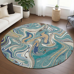 HomeRoots 8' Teal Blue Gold Abstract Round Washable Rug - Stylish Indoor/Outdoor, Stain-Resistant, Easy Care! 690335