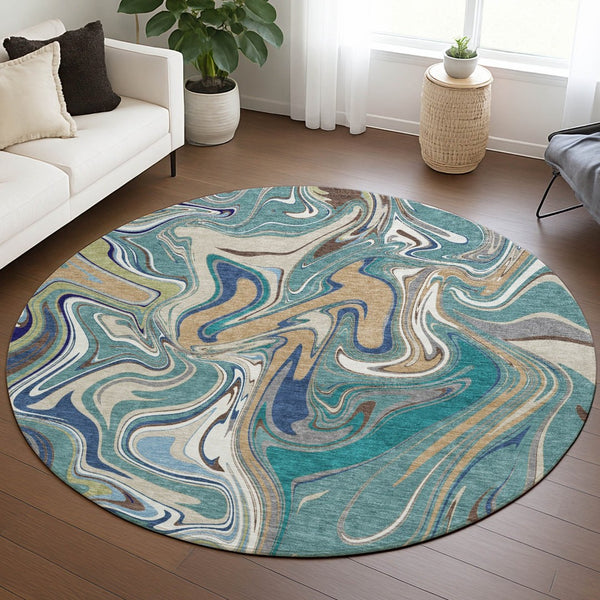 HomeRoots 8' Teal Blue Gold Abstract Round Washable Rug - Stylish Indoor/Outdoor, Stain-Resistant, Easy Care! 690335