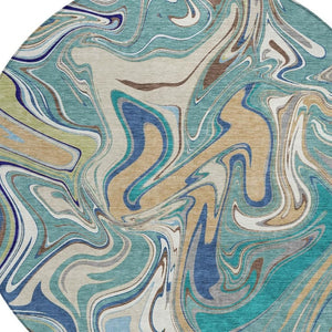 HomeRoots 8' Teal Blue Gold Abstract Round Washable Rug - Stylish Indoor/Outdoor, Stain-Resistant, Easy Care! 690335