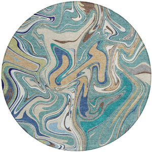 HomeRoots 8' Teal Blue Gold Abstract Round Washable Rug - Stylish Indoor/Outdoor, Stain-Resistant, Easy Care! 690335