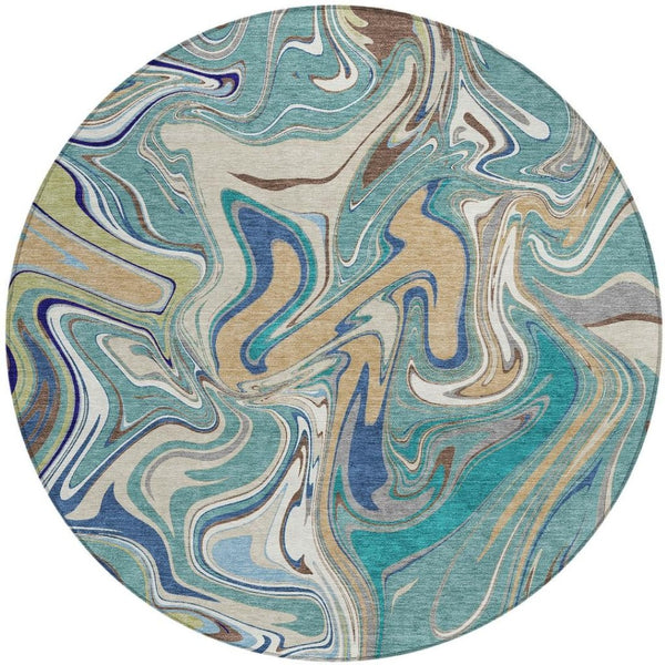 HomeRoots 8' Teal Blue Gold Abstract Round Washable Rug - Stylish Indoor/Outdoor, Stain-Resistant, Easy Care! 690335