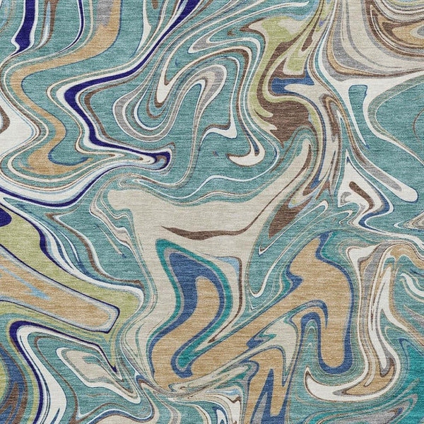 HomeRoots 8' X 10' Teal Blue and Gold Washable Area Rug - Stylish Abstract Design for Indoor & Outdoor Use 690336