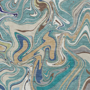 HomeRoots 9' X 12' Abstract Area Rug in Teal Blue Gold & Ivory – Stylish, Washable, Indoor/Outdoor Use! 690337