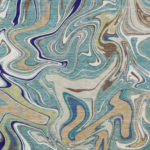 HomeRoots 10' Teal Blue, Gold & Ivory Abstract Area Rug - Washable, Durable Design for Indoor/Outdoor Use! 690338
