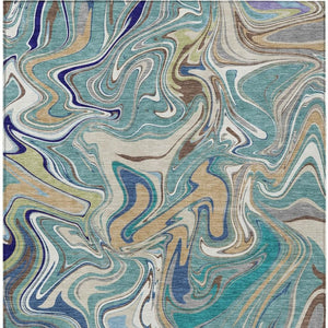 HomeRoots 10' Teal Blue, Gold & Ivory Abstract Area Rug - Washable, Durable Design for Indoor/Outdoor Use! 690338